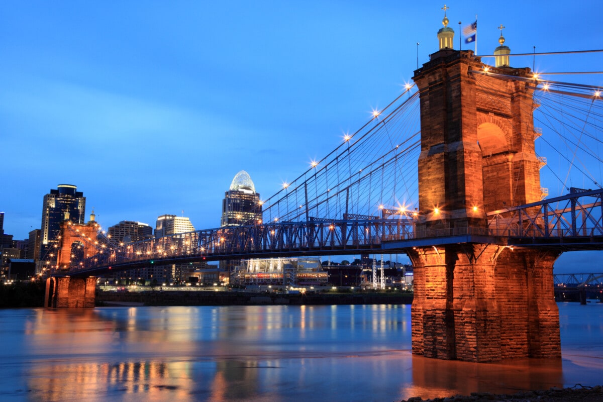 "Roebling Bridge crossing the Ohio River, Cincinnati, Ohio"