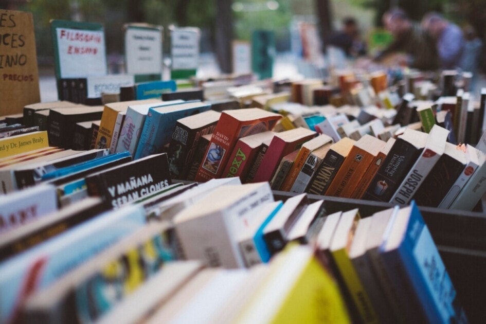 A row of books displayed outside for a fundraiser