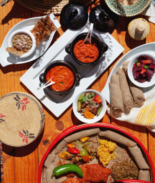 A spread of Ethiopian food from Ebony SLO, a restaurant on the San Luis Obispo bucket list