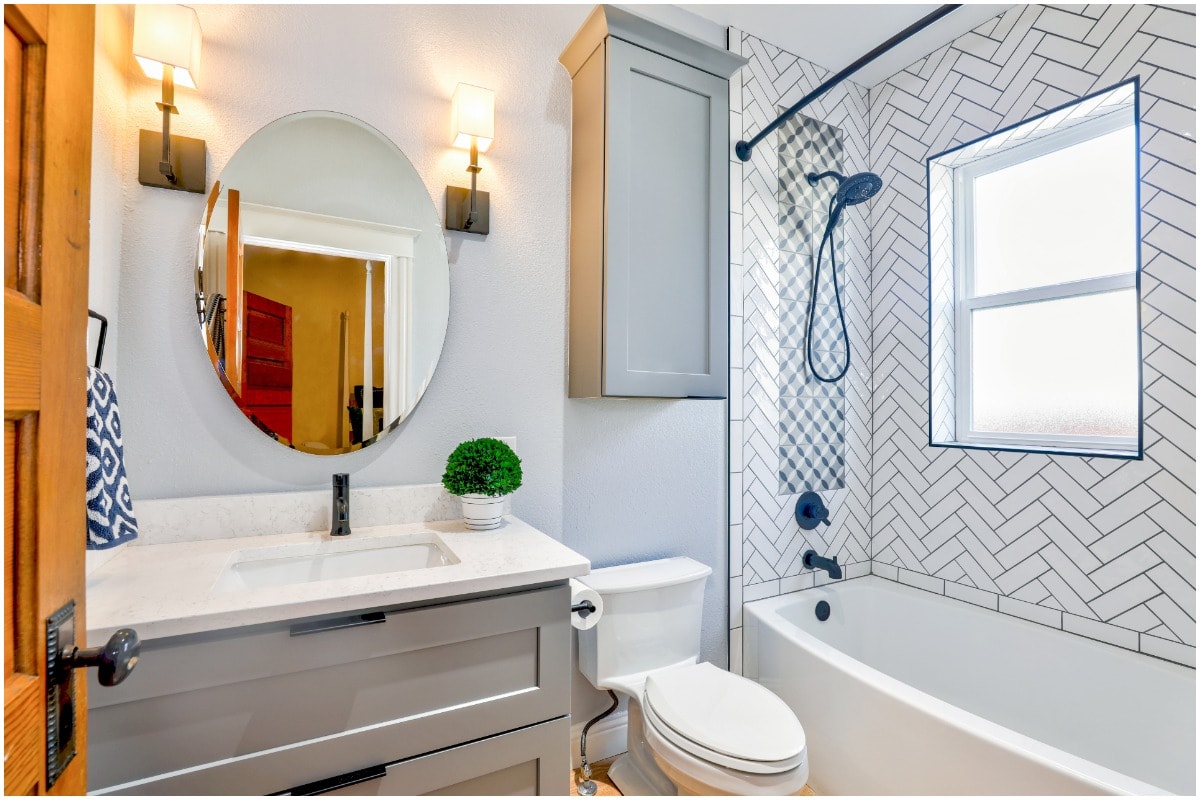 A small bathroom with subway tile