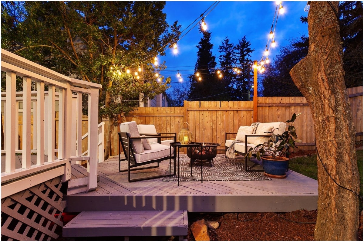 A backyard firepit outdoor living space