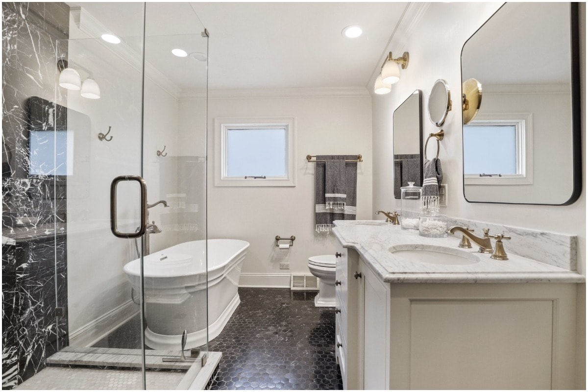 A white and grey bathroom