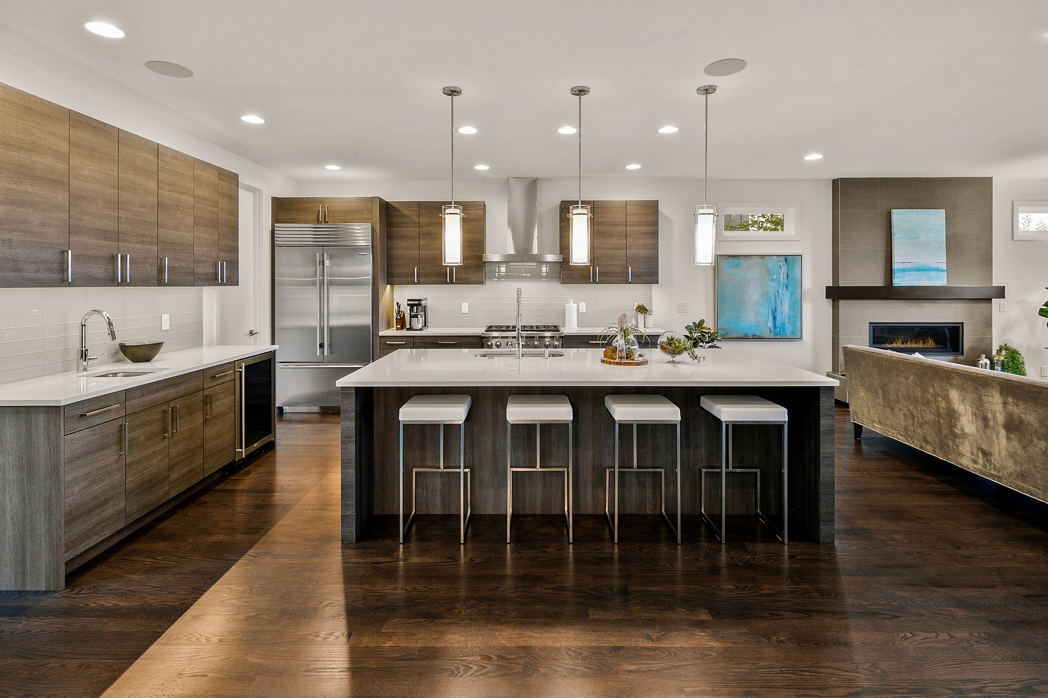 sleek brown neutral kitchen open floor plan