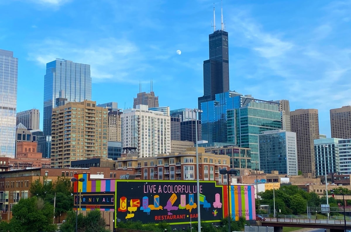 Chicago skyline with mural