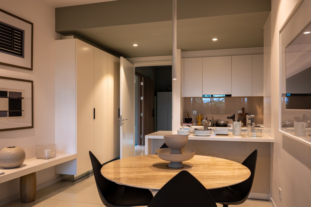 modern condo dining area and kitchen