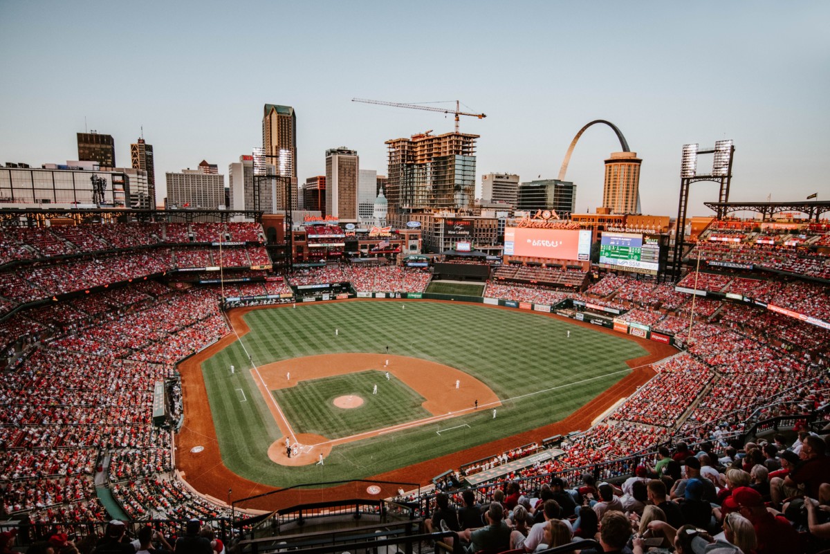 st louis cardinals baseball game with the skyline in the back