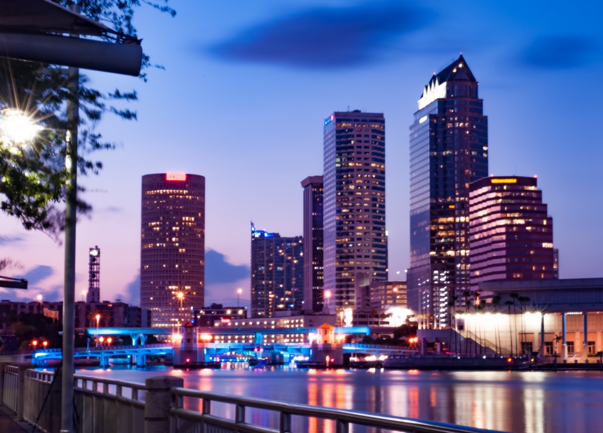 downtown tampa florida at dusk with lit buildings