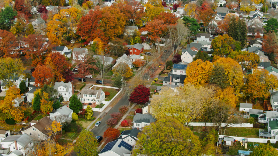 aerial view of Stamford, CT in the fall