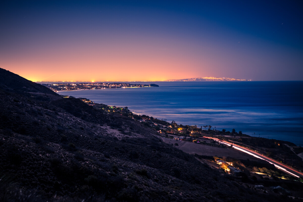 Pacific Coastline from hills above Leo Carrillo at night.